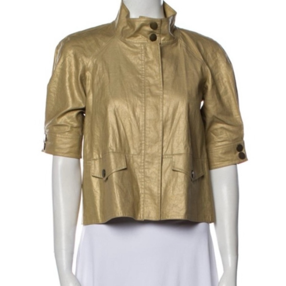Diane von Furstenberg Ramira Gold Metallic Coated Linen Cropped Jacket Size 6
